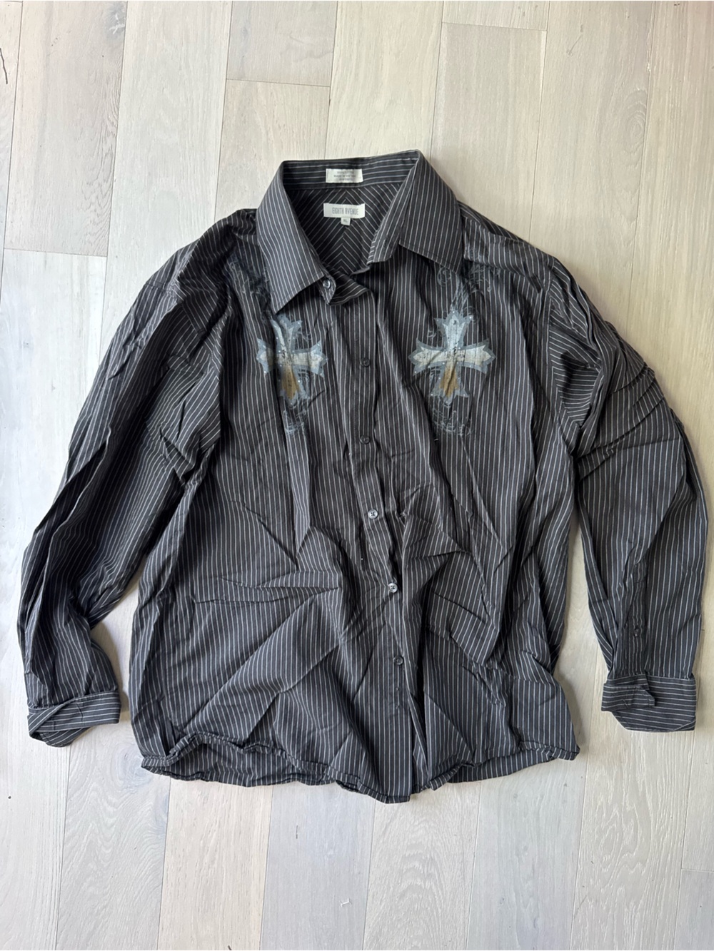 black pinstripe button up with graphic